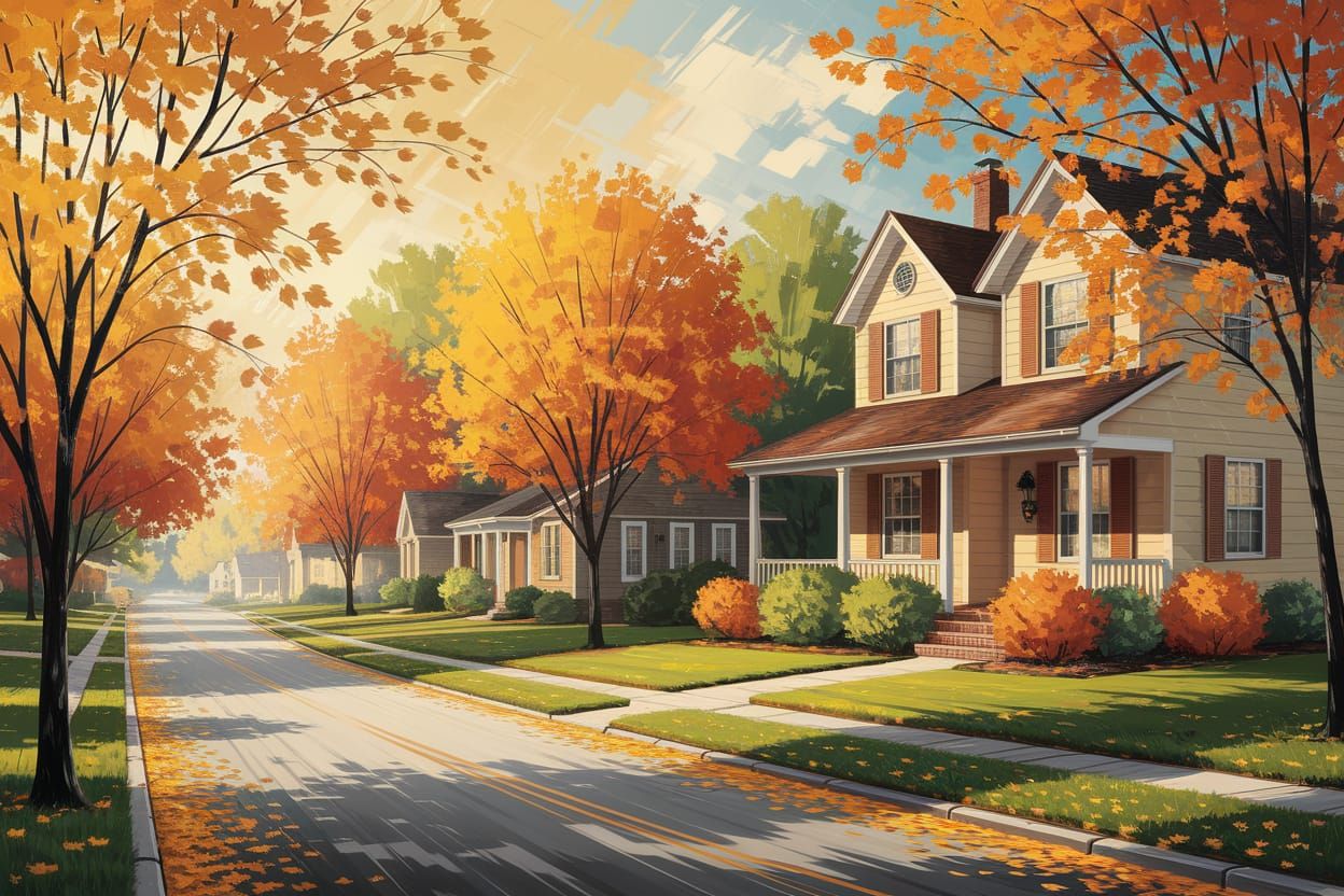 Autumn Serenity: Oil Painting of a Suburban Street