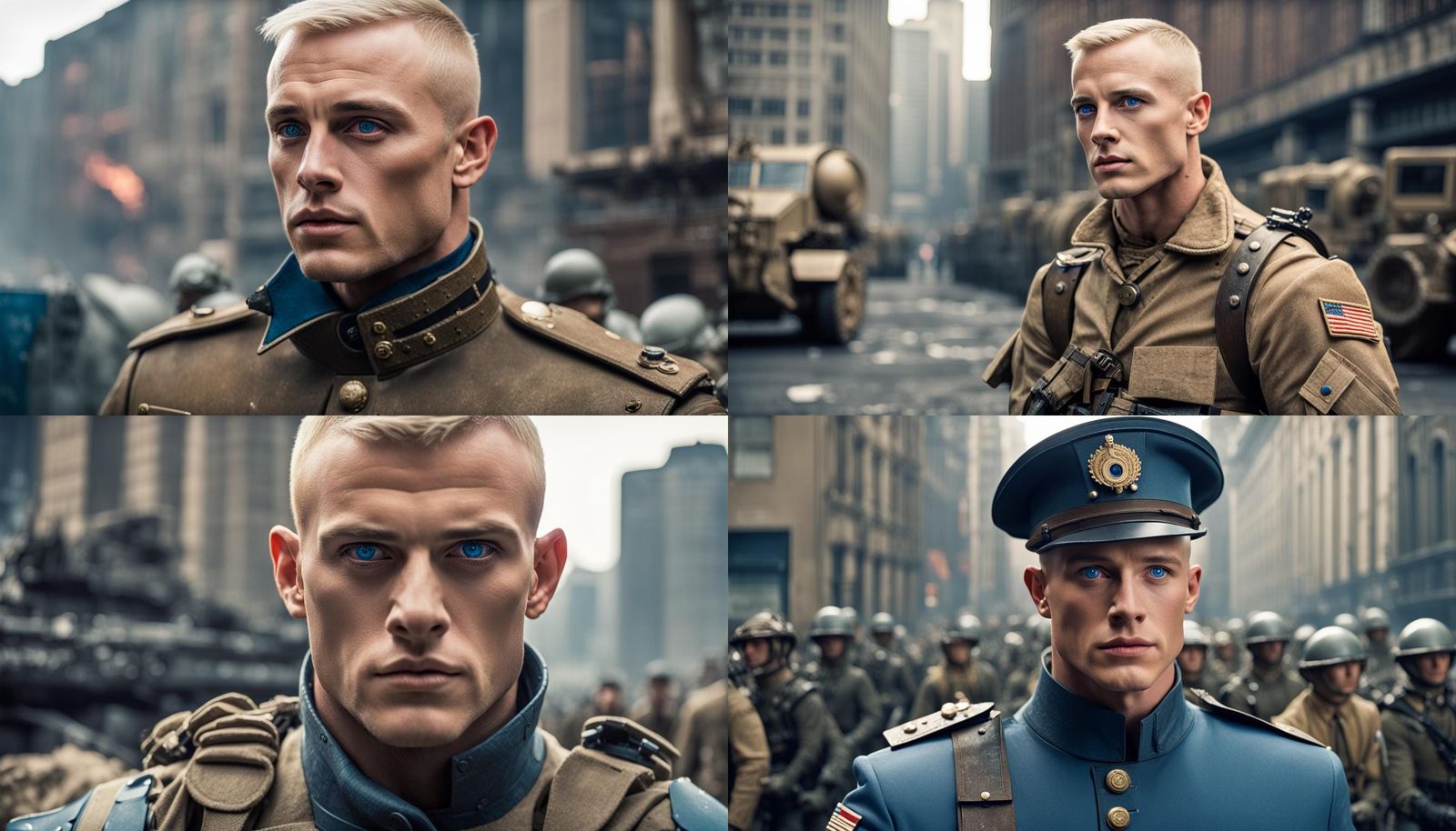 Handsome soldier, blonde buzzcut, blue eyes, square jaw, chi...