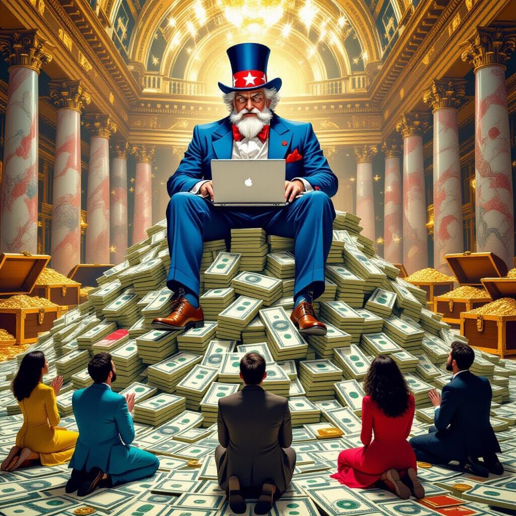 U.S. Uncle Sam sits atop a mountain of U.S.dollar bills, desperately trying to count them with a laptop computer. Severa...