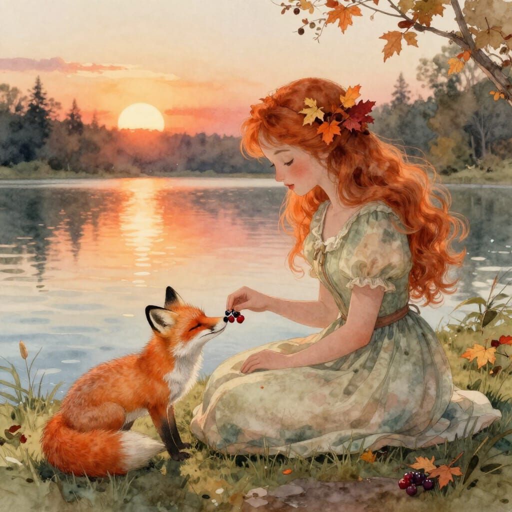 A whimsical princess with flowing auburn hair adorned with autumn leaves, sitting by a crystal-clear ...  by @JordySmith