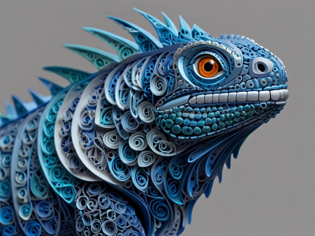 Blue iguana. Portrait in quilling