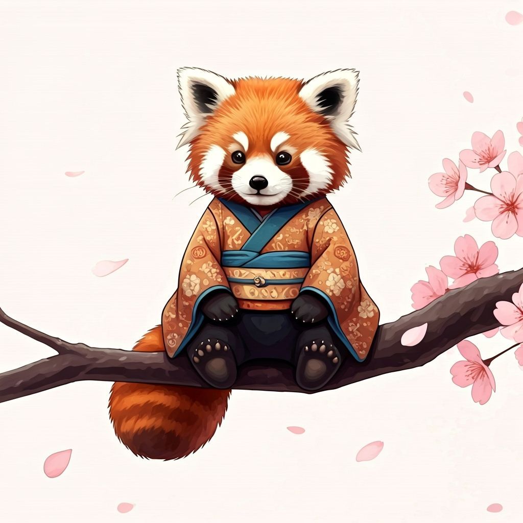 A whimsical red panda wearing a tiny, intricate kimono, sits peacefully on a blooming cherry blossom ...  by @tabbcat