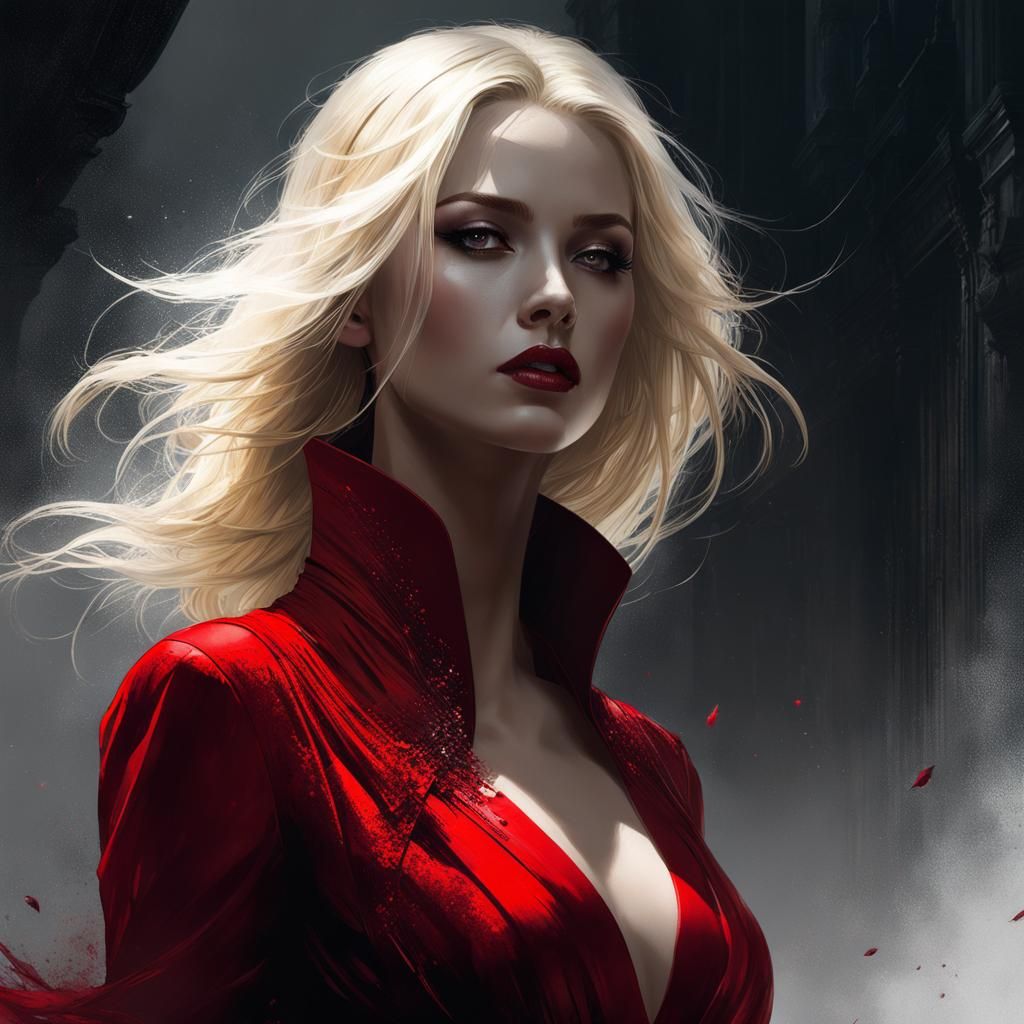 Dark fantasy concept art, a female fading away into the ether, with  shoulder-length blonde hair, (selective colour ruby red dress). Beautifu  - AI Generated Artwork - NightCafe Creator
