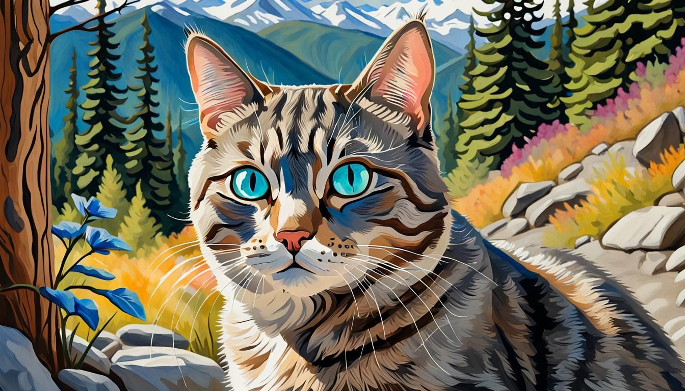 Adult grey tabby cat with blue eyes, at Whistler Mountain