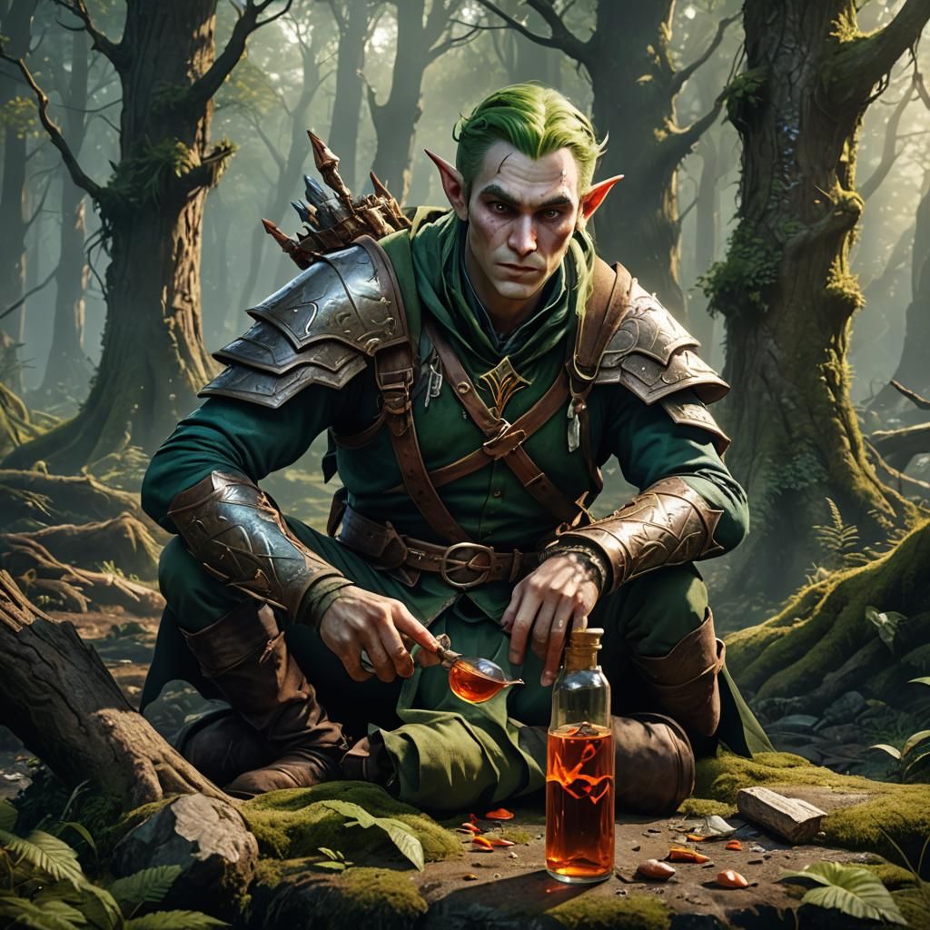 Wounded elf ranger drinking a vial of healing potion in fore...