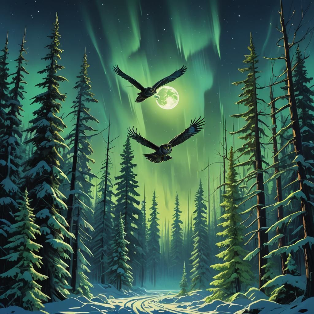 Mystical Owl Flight Under Aurora Borealis