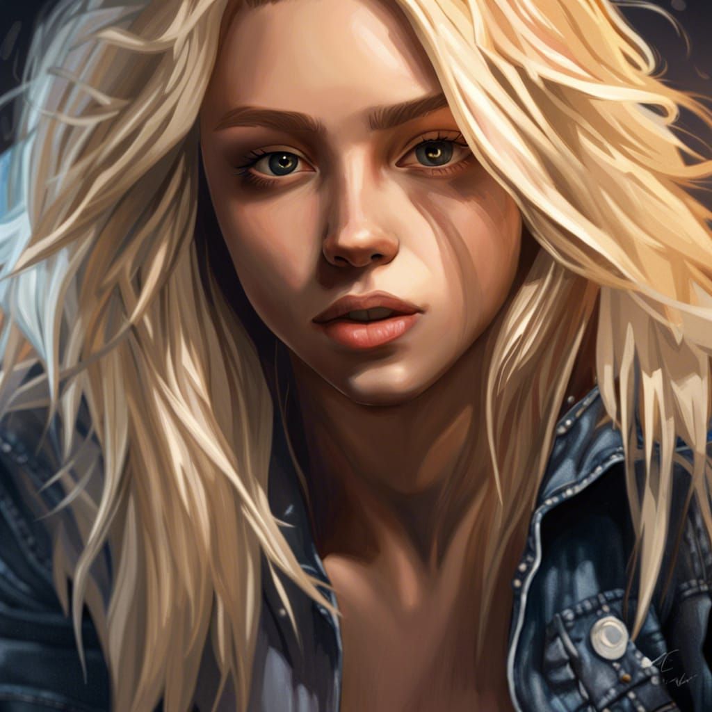 Hyperrealistic rich girl, 17, light blonde hair, full picture, front view, dark clothing, jean jacket, ripped jeans, whi...