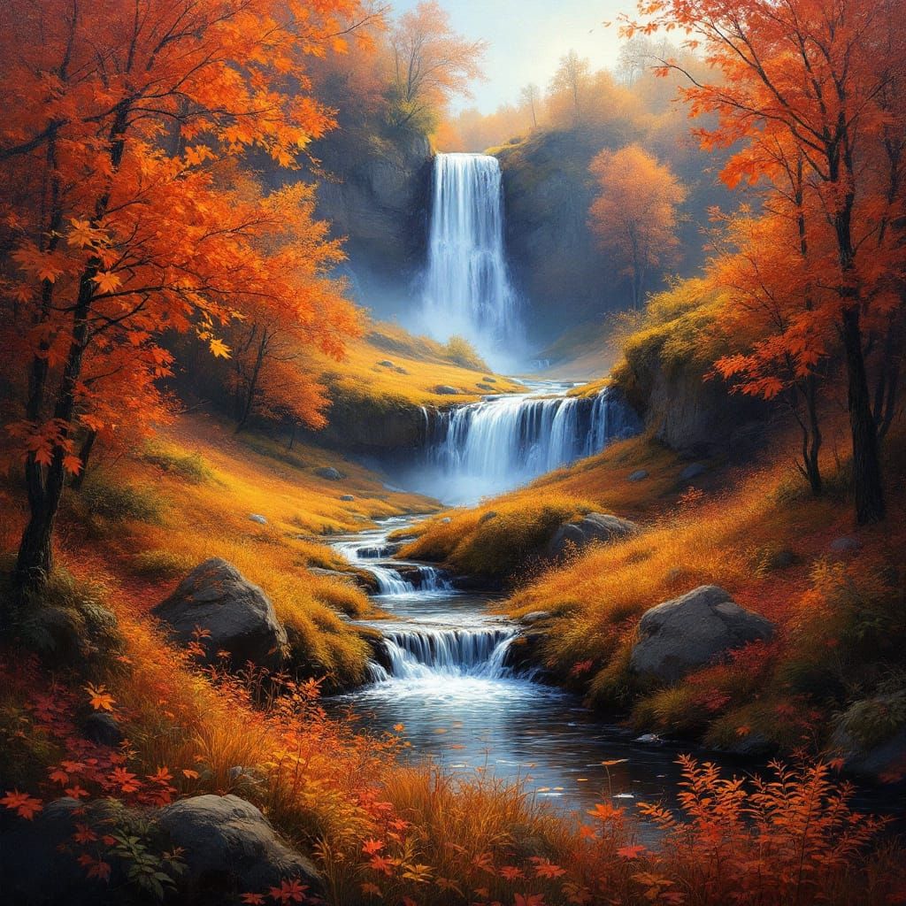 Autumn Waterfall Amidst Vibrant Fall Foliage Digital Paintin...