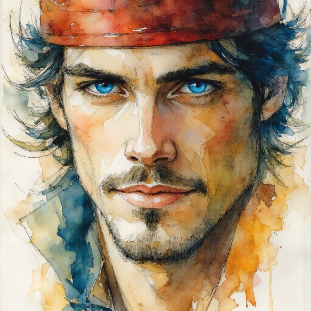 Alcohol ink sketch pirate, extreme closeup, in the style of Victoria Frances and Luis Royo, summer colors <lora:Earth and wash:1.0>
