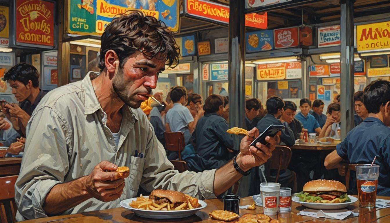 Man eating junk food while watching mobile in one hand
