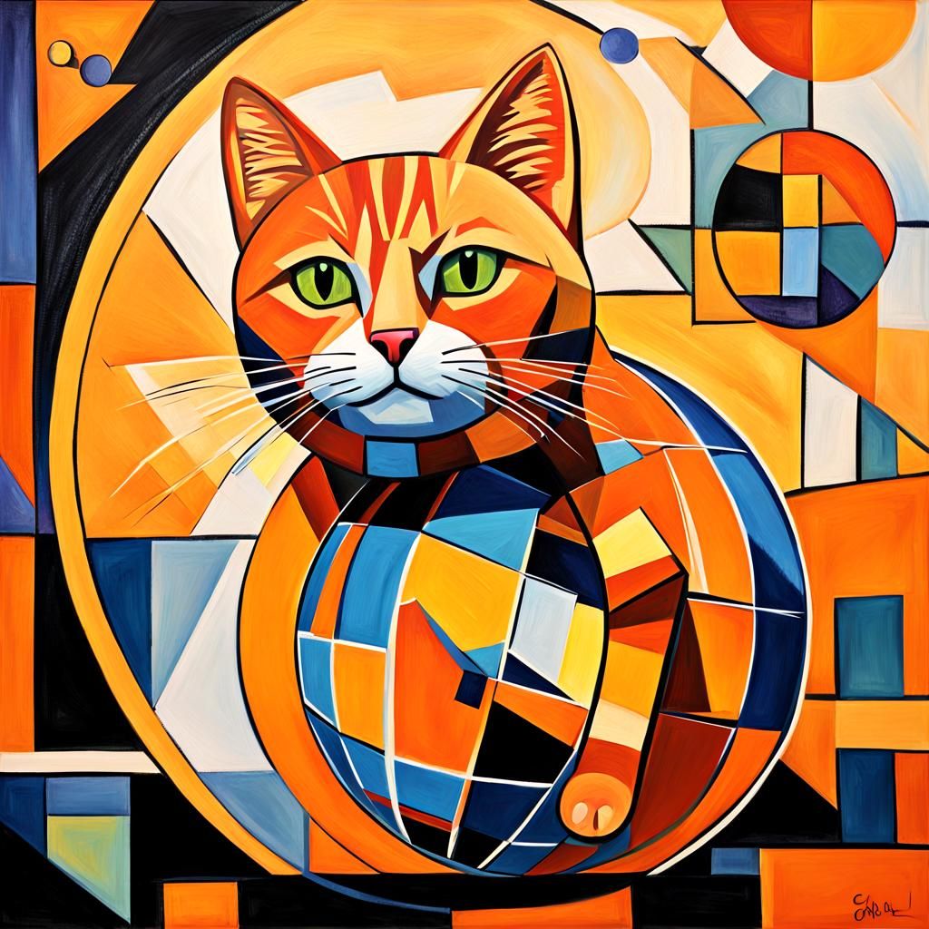 Orange Cat Flying on Globe in Cubist Style