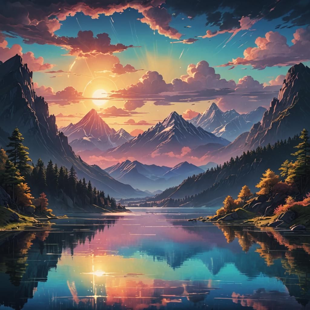 Lake and Mountain Landscape in Anime Style