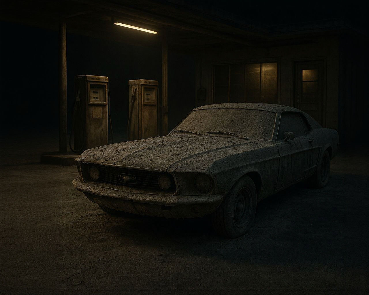 An old, dilapidated 1969 Ford Mustang, covered in ash and dust, lies in the dimly lit parking lot of an old gas station,