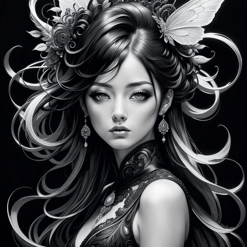 Steampunk Woman Leaping Portrait in Black and White