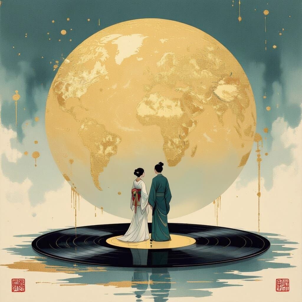 A minimalist Japanese-style painting created with delicate brushstrokes in a harmonious color palette of gold, emerald, and turquoise. At th...