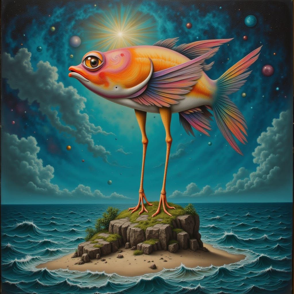 <lora:eyeseesurreal:1.0> Fish with bird legs walking on a tiny rocky island in the midst of a wild, churning ocean. Surrealist painting with...