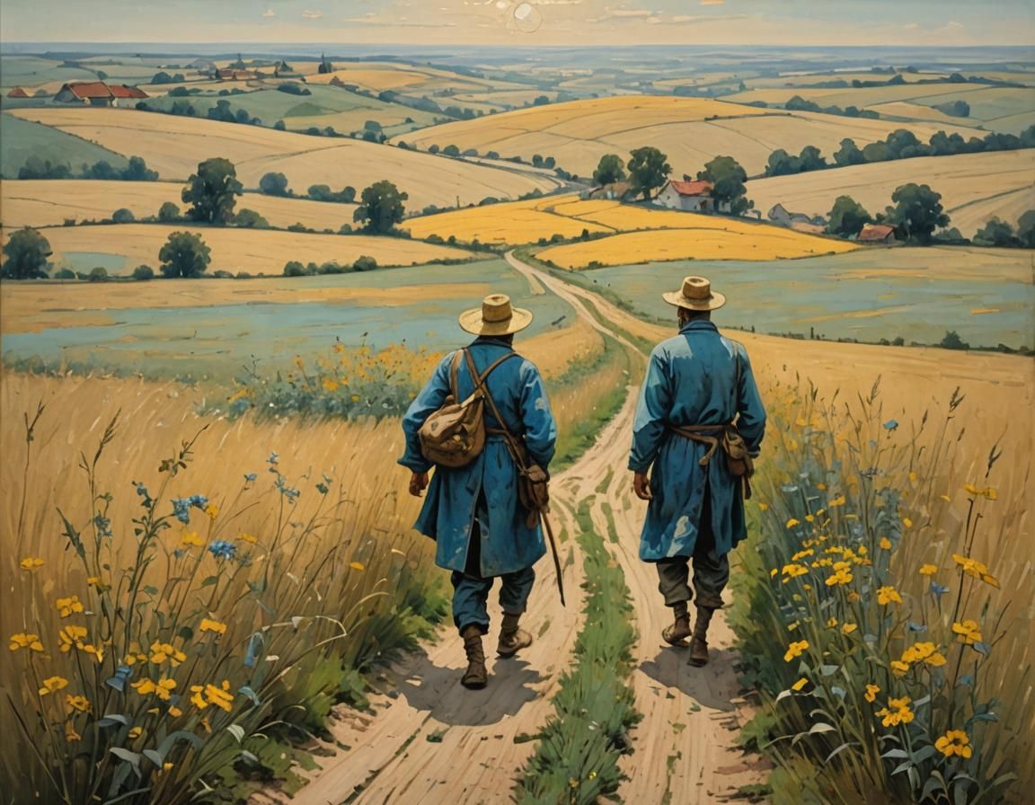 Wanderers in walks on road across fields with wild weeds, Józef Chełmoński painting   by @Thunder Cube