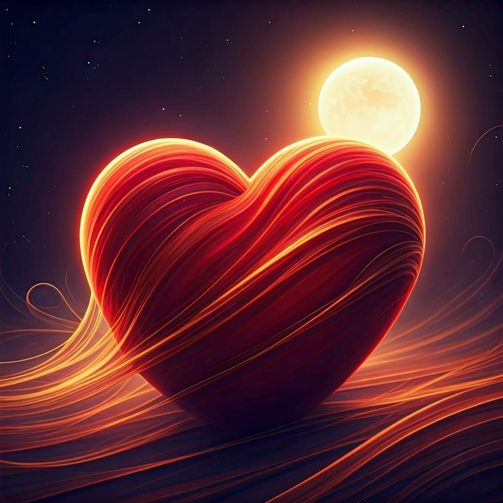 Crimson Heart with Golden Threads and Mystical Moon