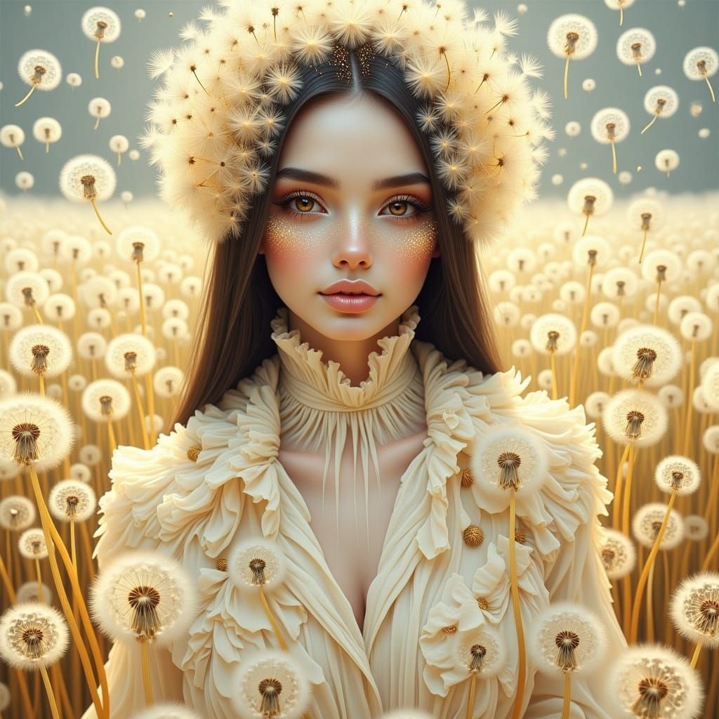<lora:EtherealDandelion:1.0>A gorgeous ethereal big man made entirely of small, clustered Dandelion fuffs, with pale skin, straight dark hai...