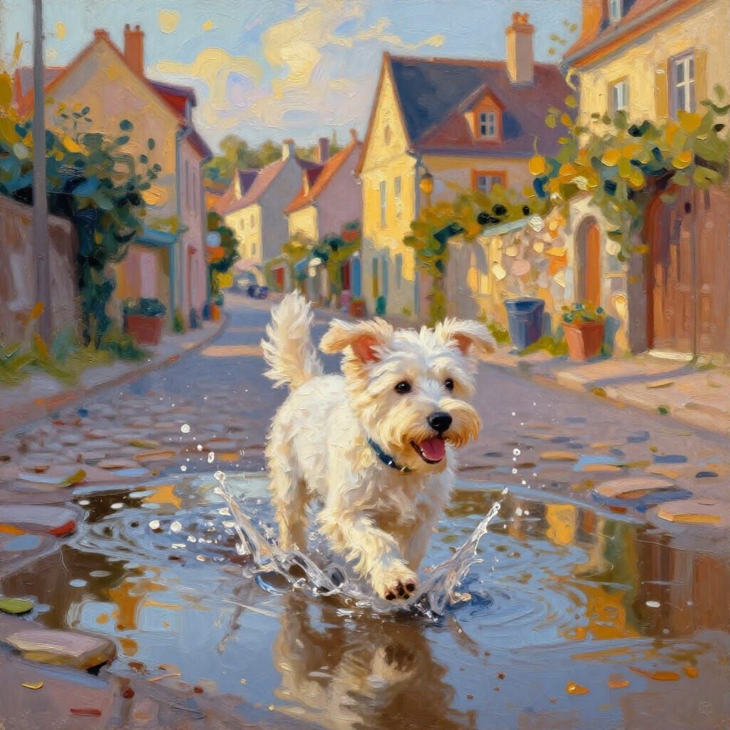White Dog Splashing in Puddle, European Village Background