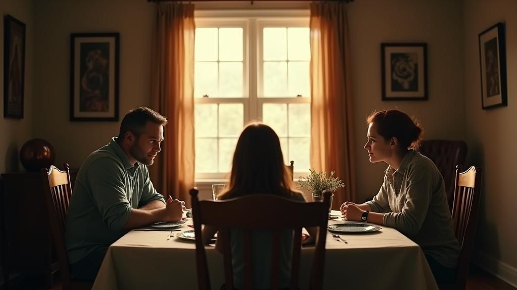 "The family dining room, with an extra place set for 'Whisper'. Mark (late 30s with short dark hair and a neatly trimmed beard) looks concer...