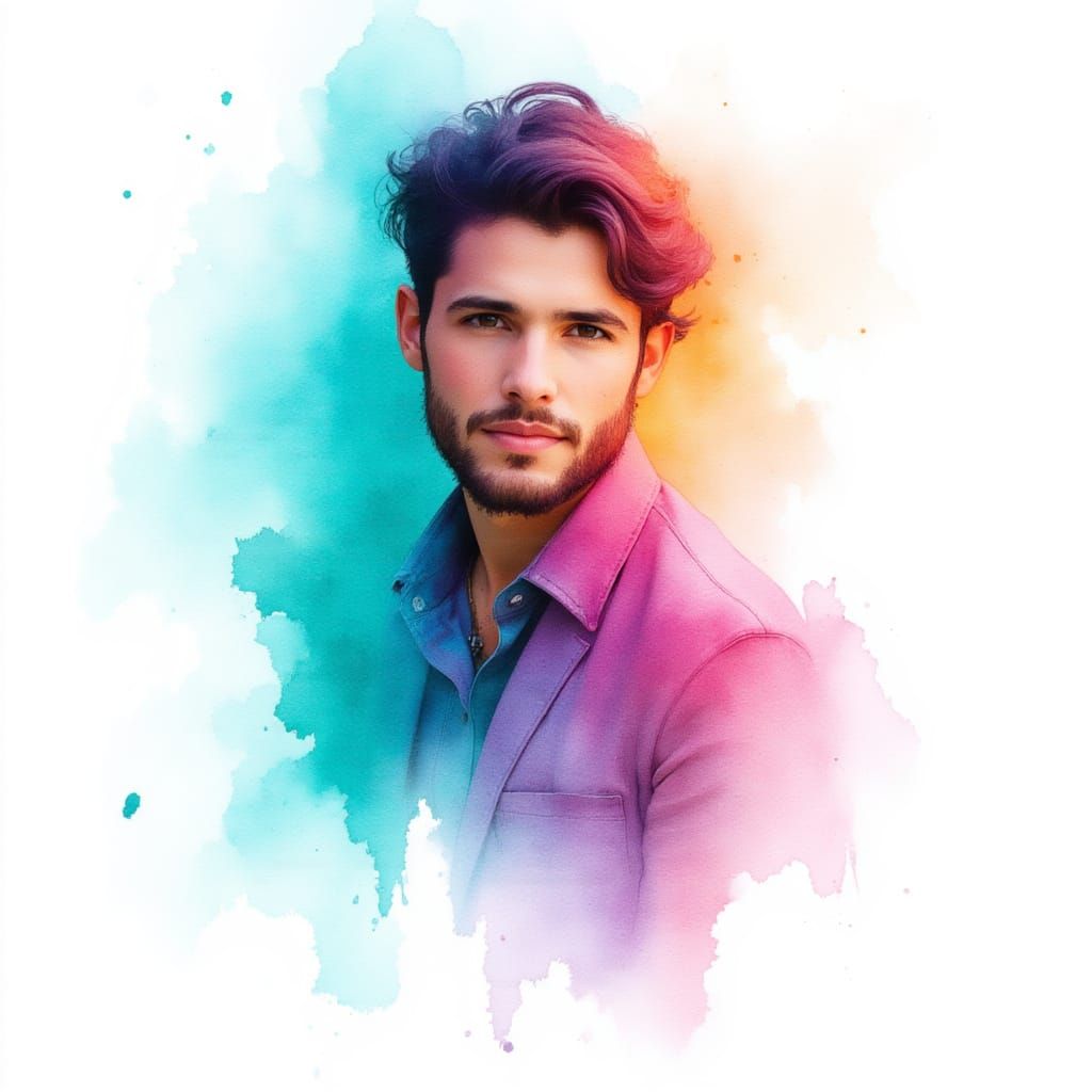<lora:Watercolor on White:1.2> Watercolor painting On White background, portrait of a handsome man painted in vibrant watercolor splashes, t...