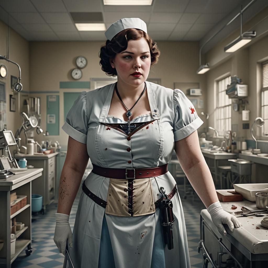 A bbw nurse, corset in a 1920's hospital, operation room, holding a scalpel
