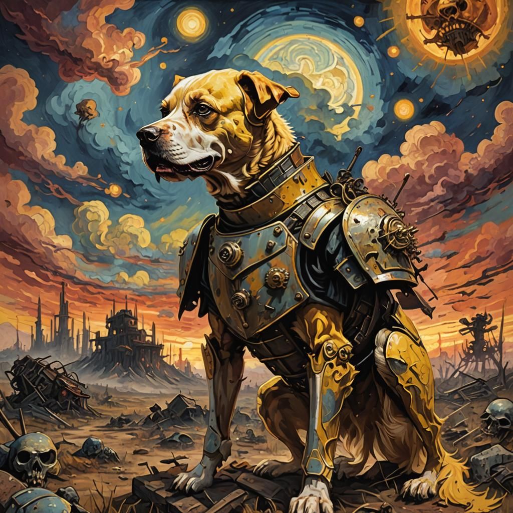 A Vincent Van Gogh style painting of a yellow dog dressed in...