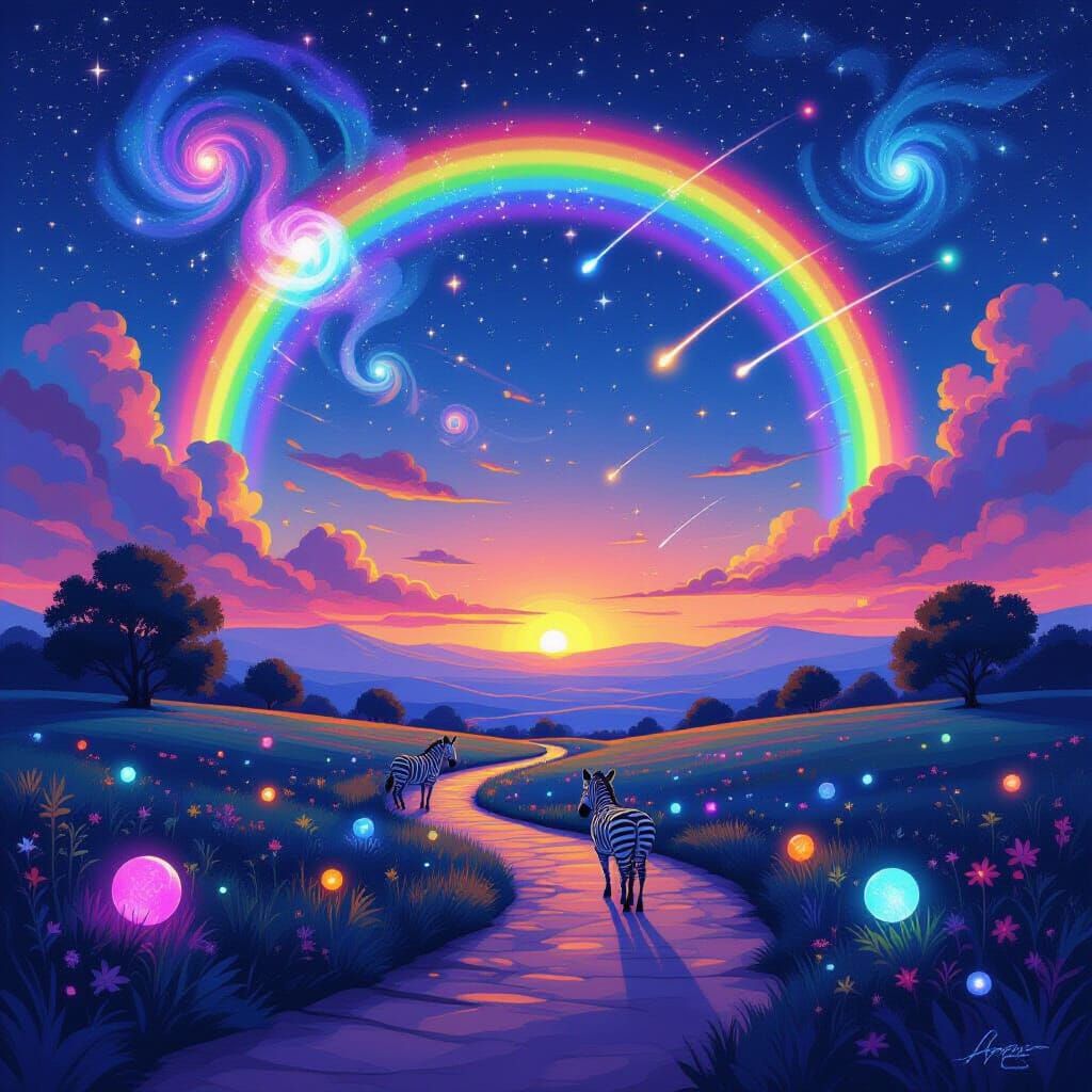 Ethereal Twilight Landscape with Zebras and Rainbow