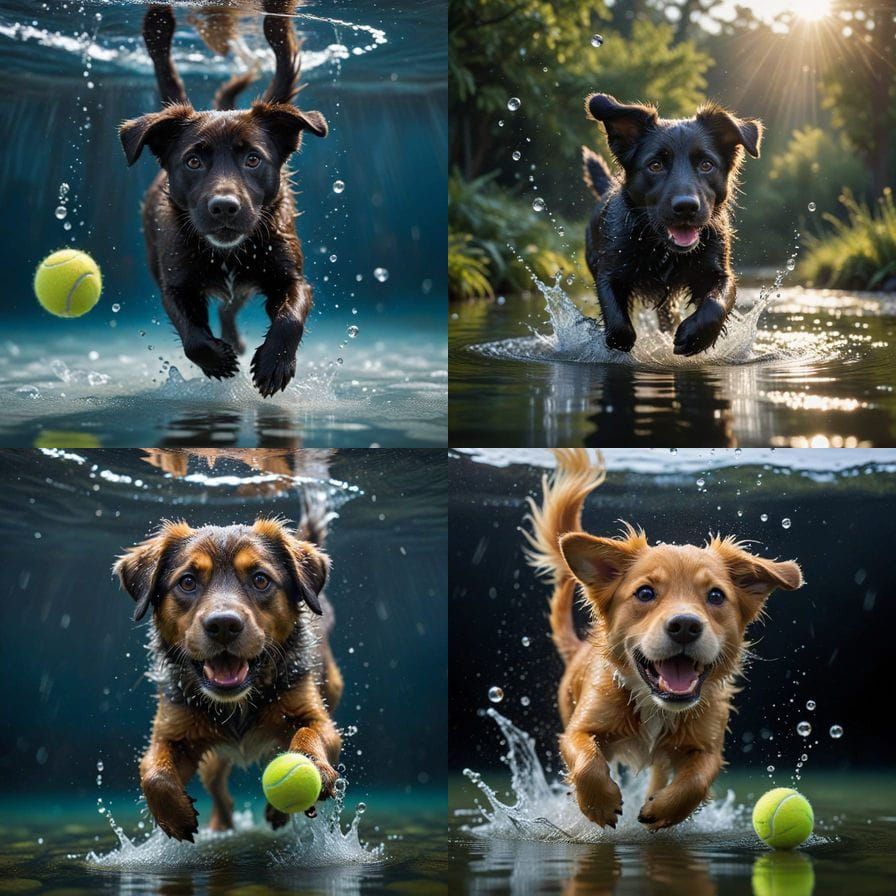 A sleek dog, its fur rippling with movement, diving into crystal-clear water, moments before capturing a tennis ball, su...