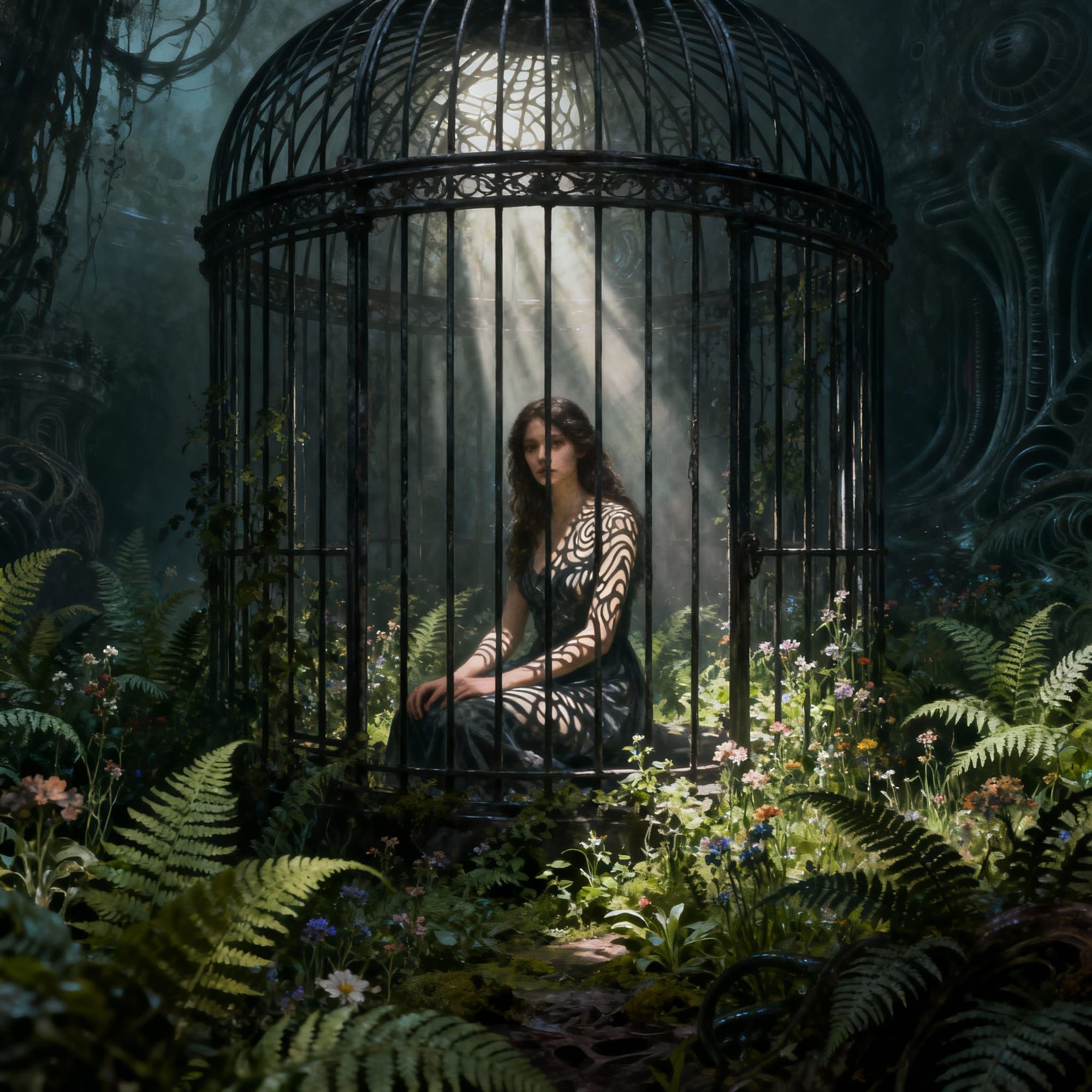 dans le jardin abandonné creer une image ultra détailles précis d'une femme beau visage ultra détaillé assise enfermée dans une cage grande,...