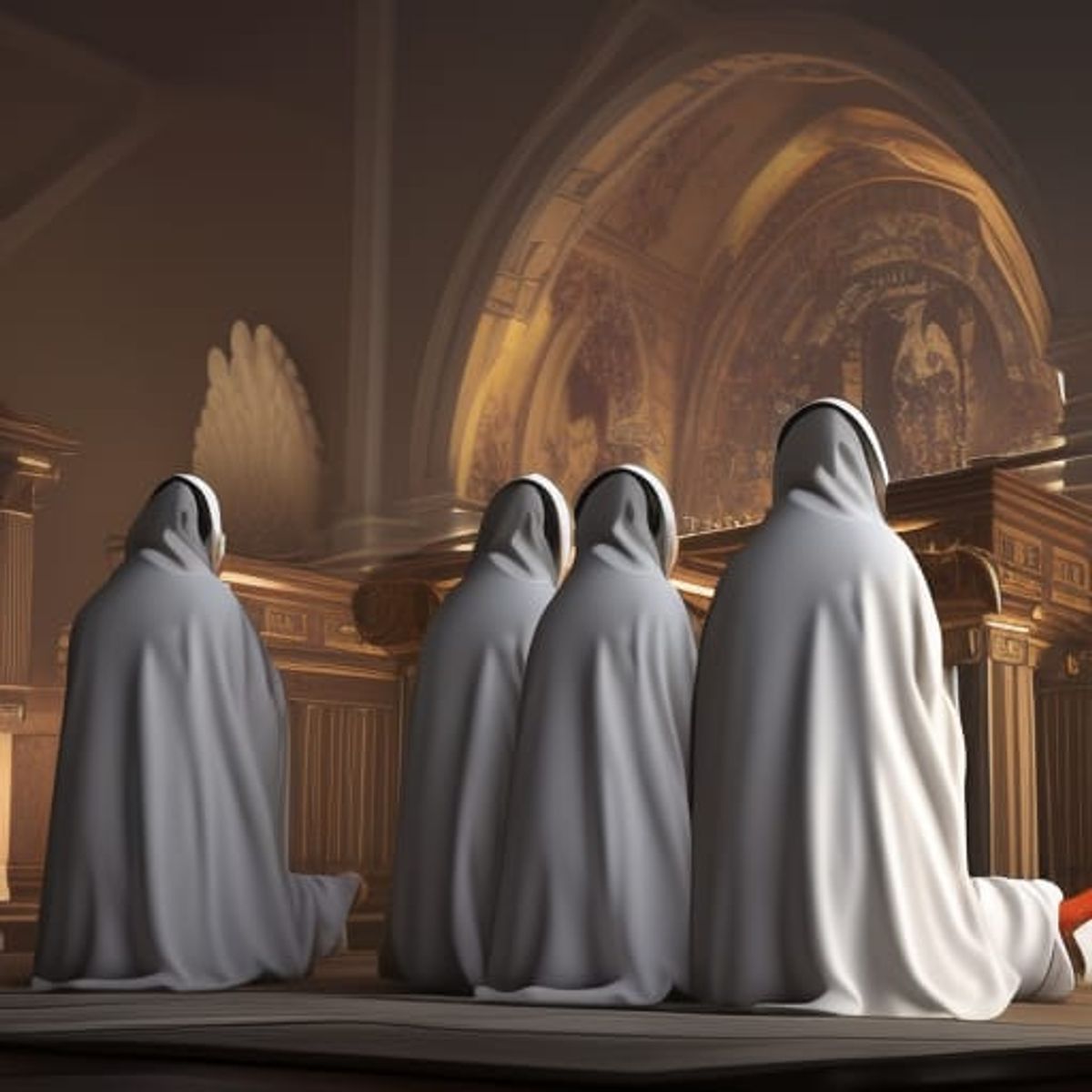 Nuns wearing white mask kneeling at a angelic figure - AI Generated ...