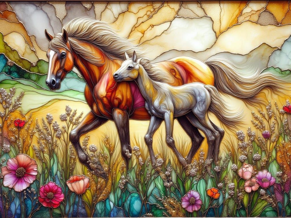 <lora:FiosGildedInk:1.0> Horse and Foal in Flower Field