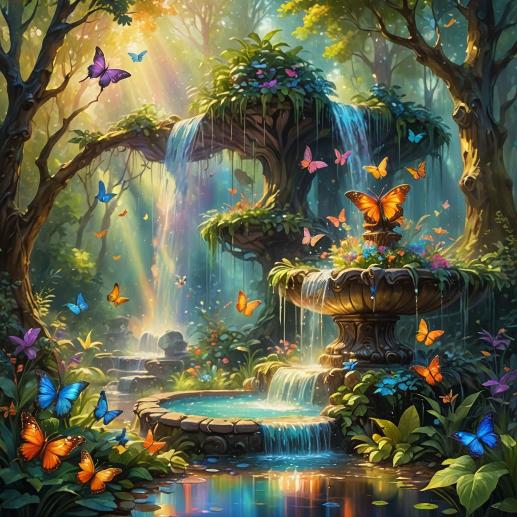 Surreal fountain in a magical forest, spilling light, rainbows, butterflies.  