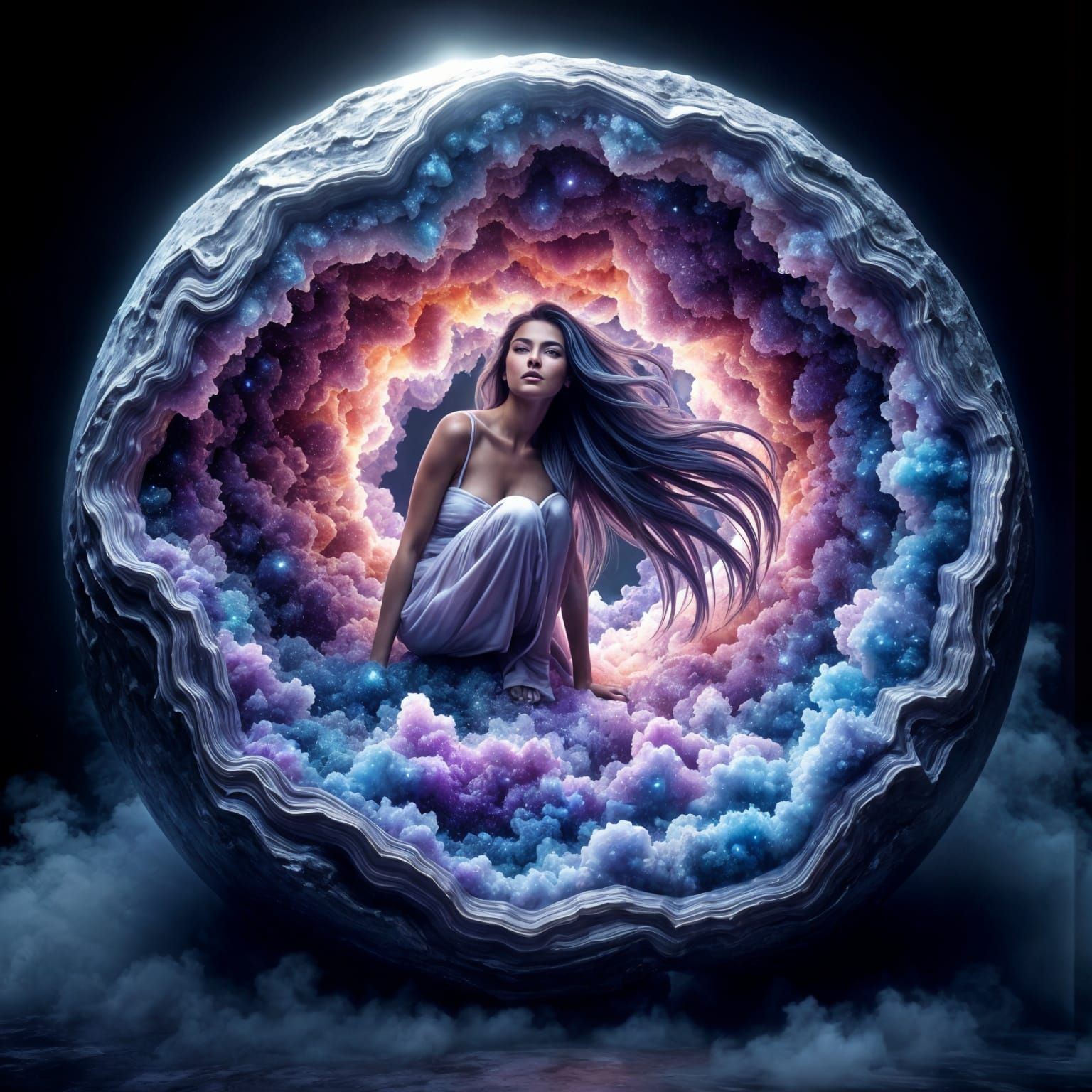 Cosmic Goddess Emerges from Geode Planet in Vibrant Colors