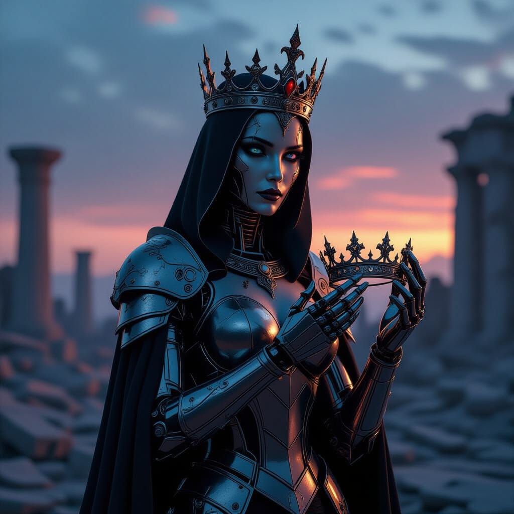 A lone android queen stands amidst the ruins of a dead civilization  by @Musk Kellman