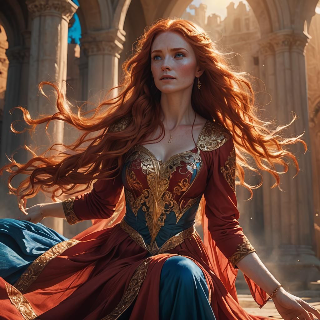 At the edge of a forest, a  long red  haired female , blue e...