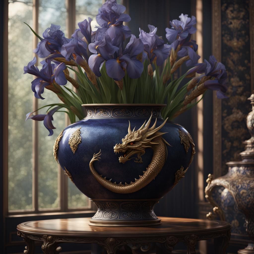 a vase with a dragon on it full of irises