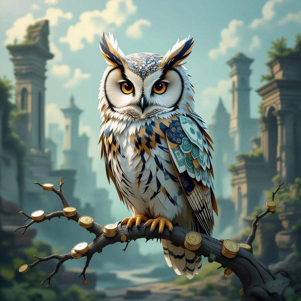 A lone, weathered owl with feathers crafted from intricately cut and layered paper money, perched on a branch made of intertwined coins. The...