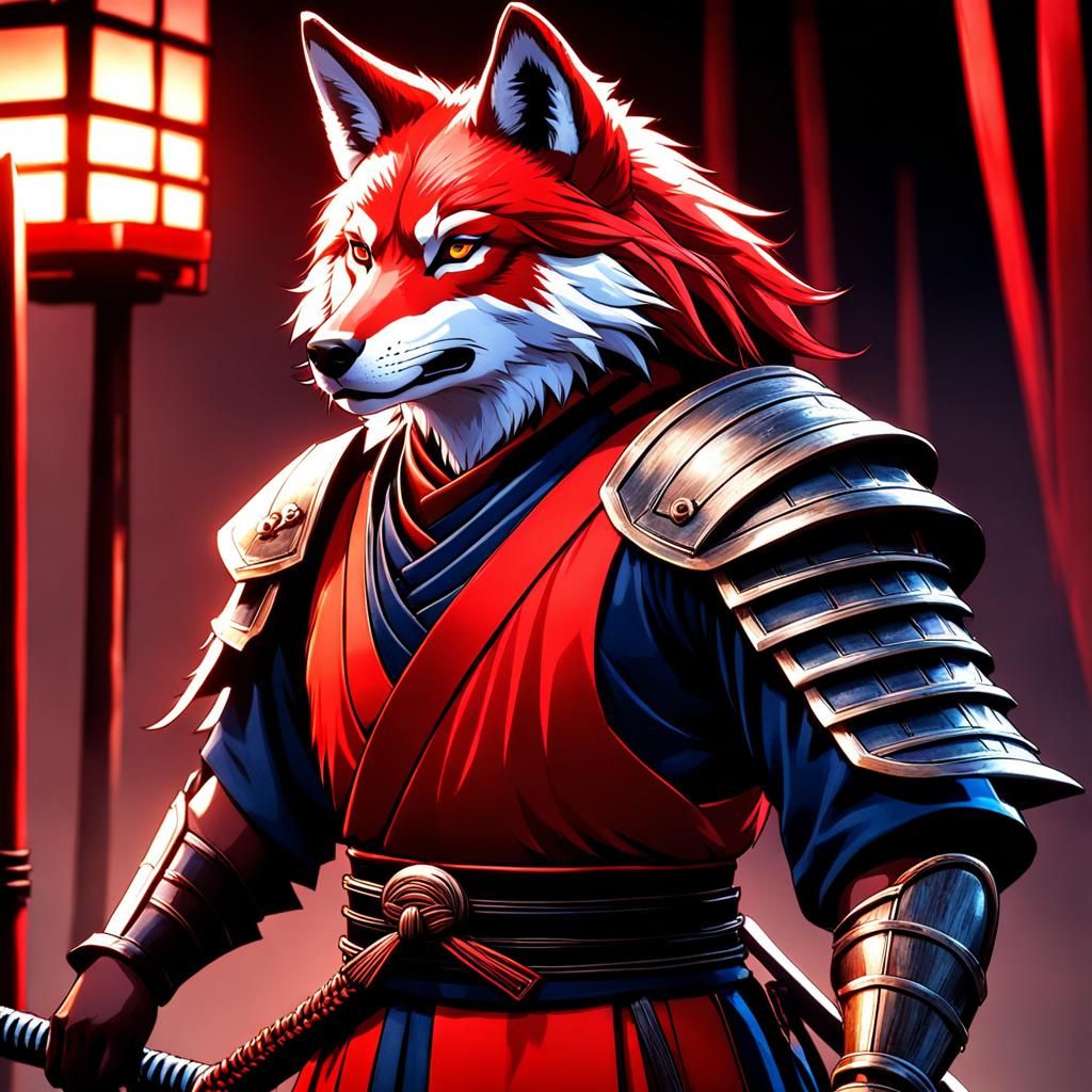 Eden Akari, Red wolf armor, Katana, ancient Japanese Village in ...