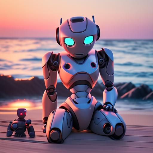 HD photo of a robot relaxing on the beach by the water at su...