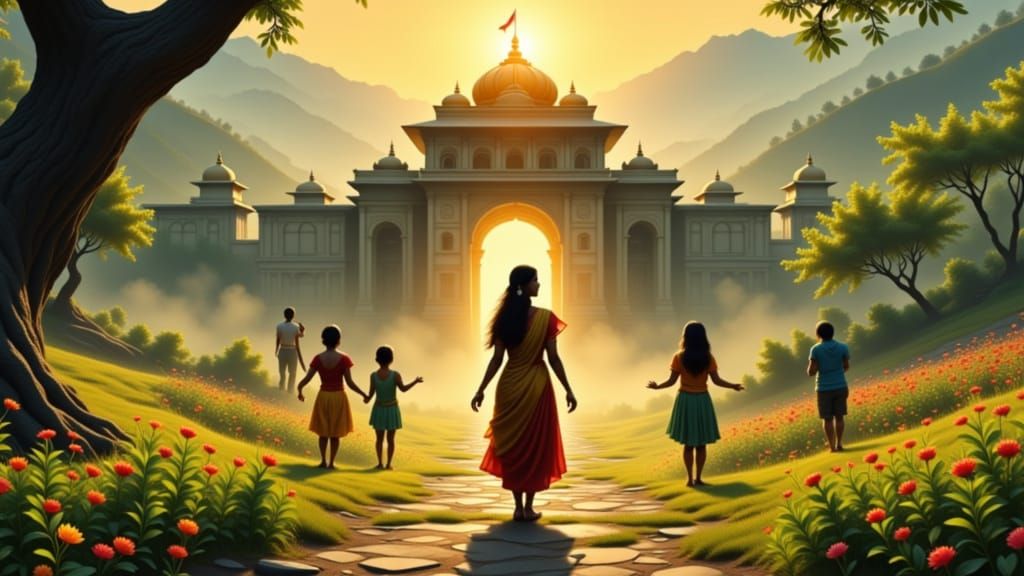 Double Exposure: Closeup inside the Silhouette of an Indian woman happy children play in front of a hindu-temple in the Himalayas in spring,...