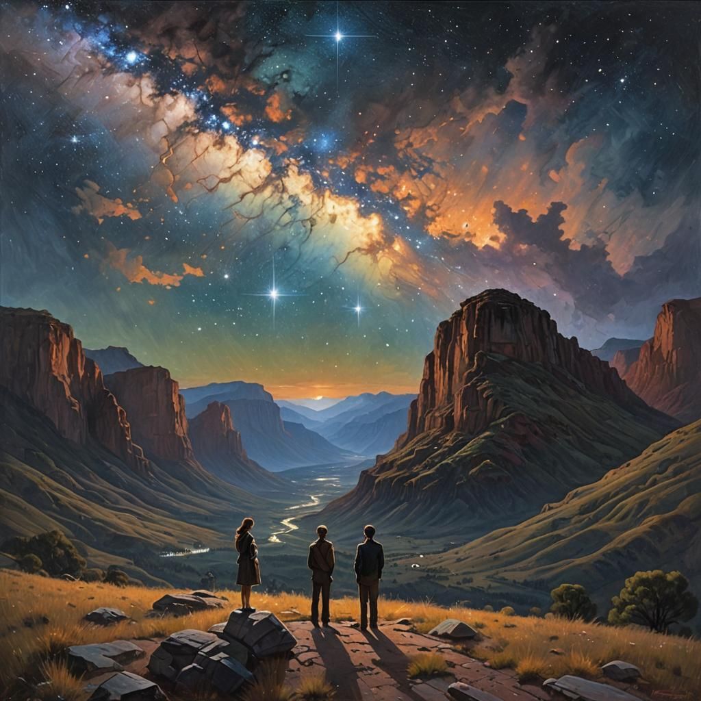 Elegant night sky filled with stars lighting up the vast valley bellow as two people stare up in awe  by @Dvulcan 