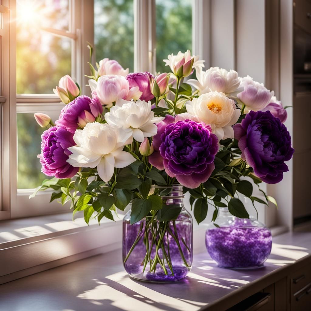 Lovely arranged bouquet of richly colorful purple and white ...