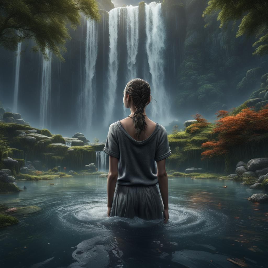 Wet Woman in Pond: Detailed Fantasy Art