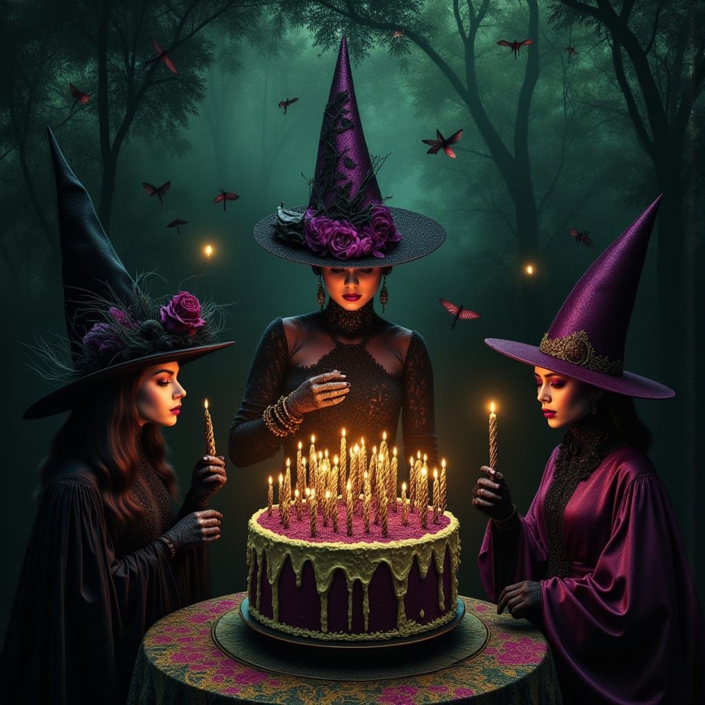<lora:mix:1.0> <lora:Scratch Art:1.0> <lora:mmcollage:1.0> <lora:TVhead:1.0> A witch enjoying her Halloween birthday party for her 45th birt...