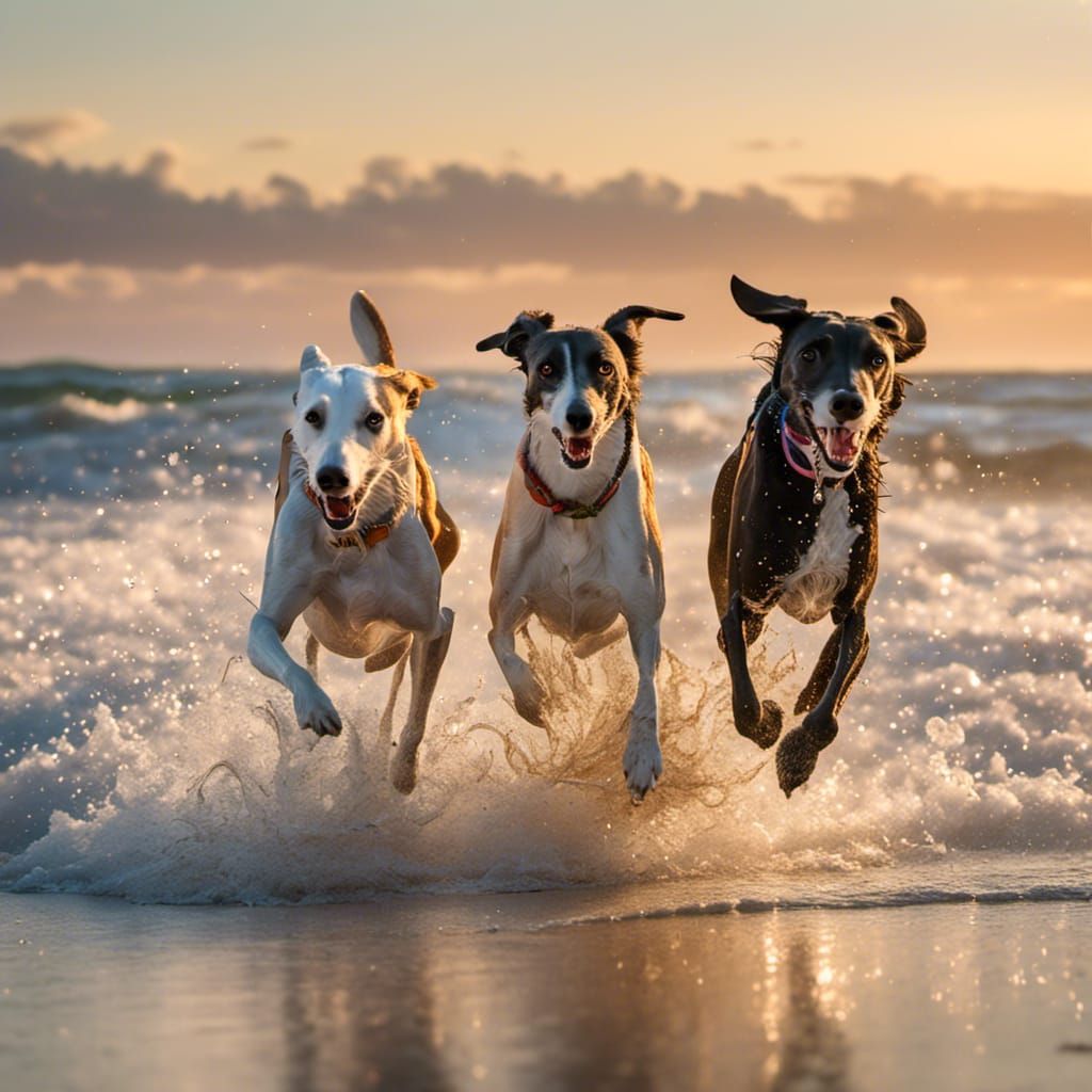 A <lora:Flighty:1.0> two greyhounds running on the beach