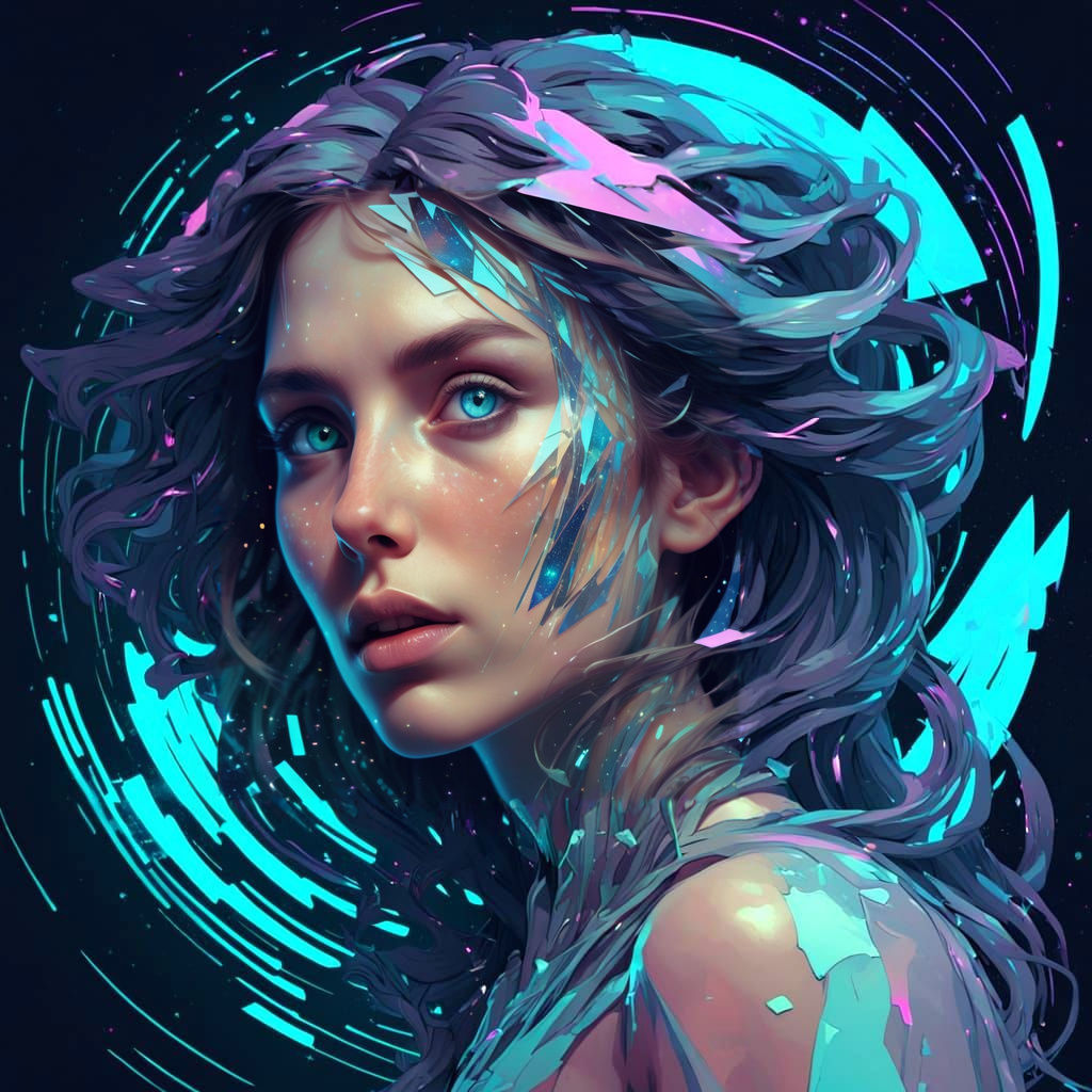  A portrait of a bioluminescent woman, her face distorted by digital glitches and chromatic aberrations. Her mane of starlight is fragmented...