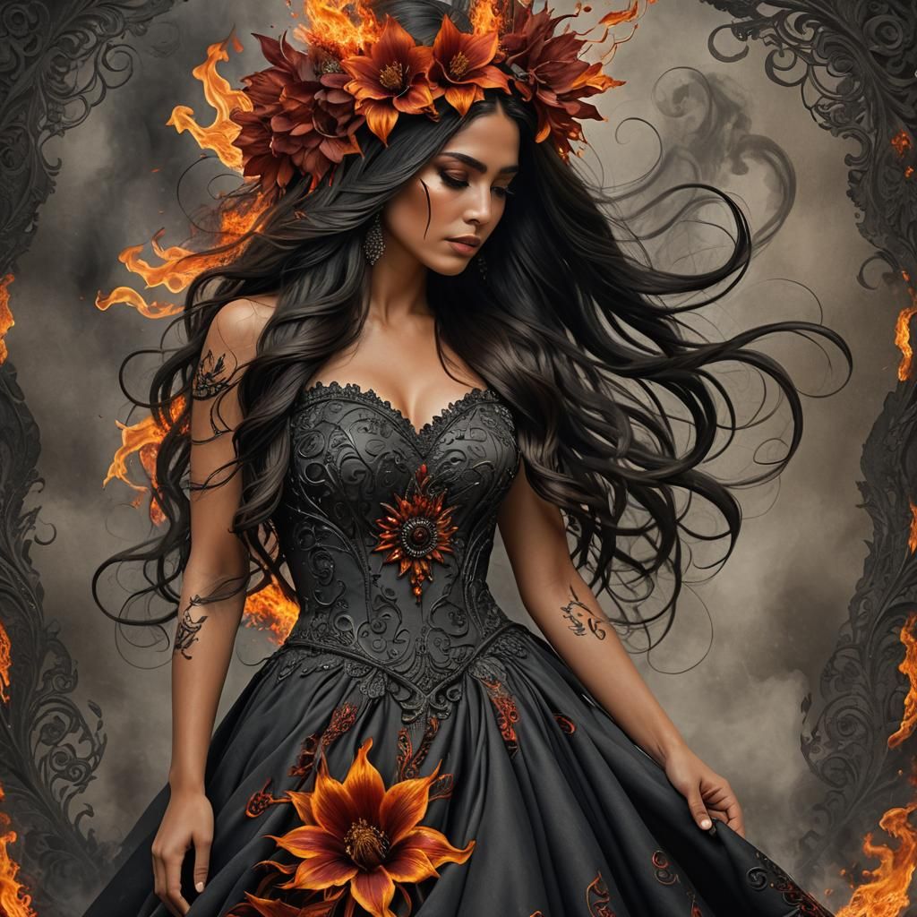Fiery Mexican American Woman in Ash Gown