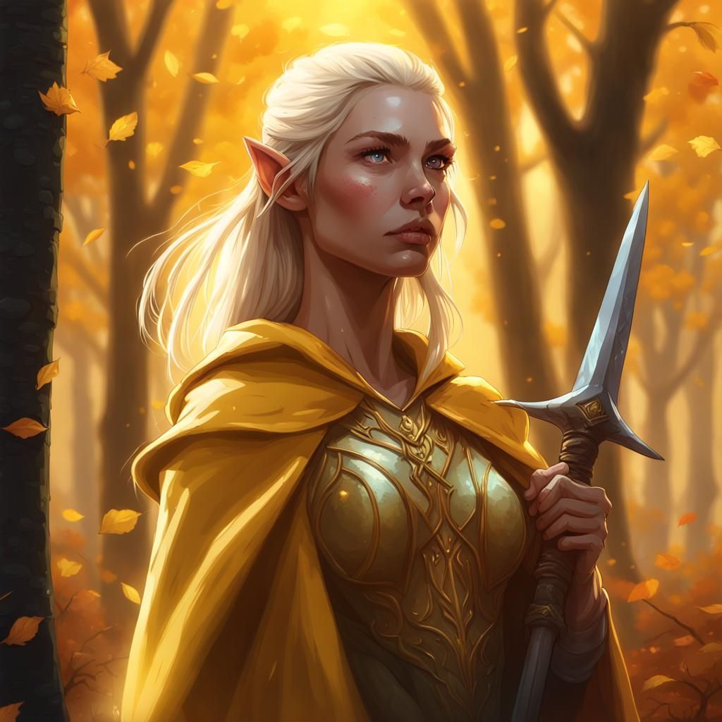 An elf facing towards the back with golden light everywhere. The girl ...